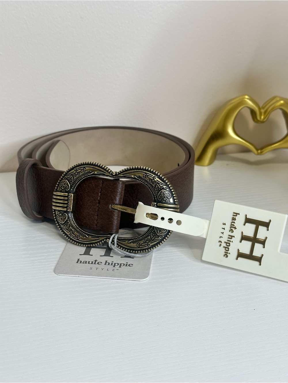 Haute Hippie Style Brown Western Heart Buckle Belt 39in S/P NWT - Picture 2 of 7